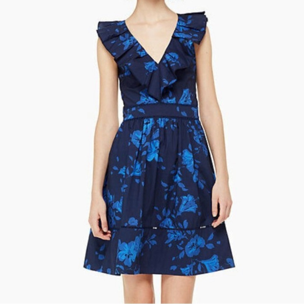 Kate Spade Navy Floral Ruffle V-Neck Dress Size 00. Excellent condition!